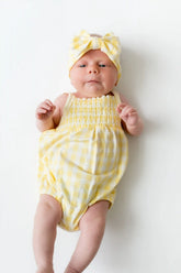 Smocked Bubble Romper in Gingham Chamomile