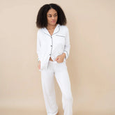 Women's Long Sleeve Pajama Set in Snow with Midnight Trim