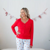 Women's Long Sleeve Henley Tee in Cardinal