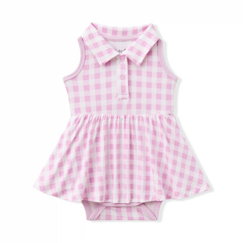 Polo Bodysuit Dress in Gingham Thistle