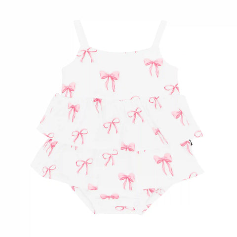 Spaghetti Strap Ruffle Romper in Bow