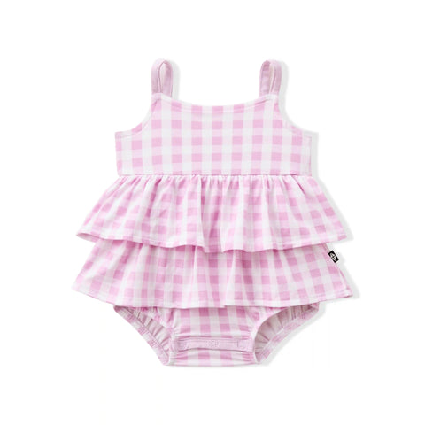 Spaghetti Strap Ruffle Romper in Gingham Thistle