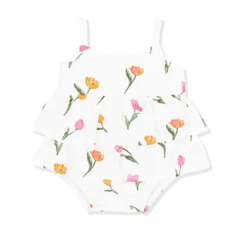 Spaghetti Strap Ruffle Romper in Tulip