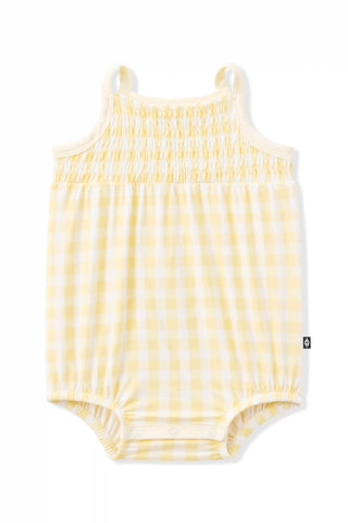 Smocked Bubble Romper in Gingham Chamomile