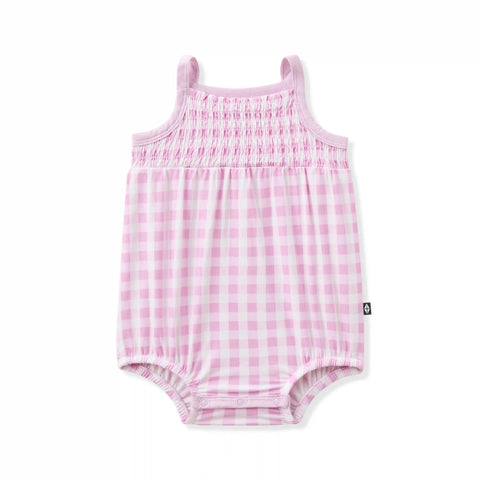 Smocked Bubble Romper in Gingham Thistle