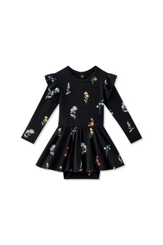 Long Sleeve Twirl Bodysuit Dress in Midnight Wildflower