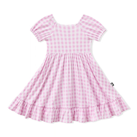 Puff Sleeve Twirl Dress in Gingham Thistle