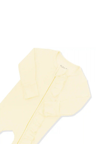 Ribbed Ruffle Zipper Footie in Chamomile