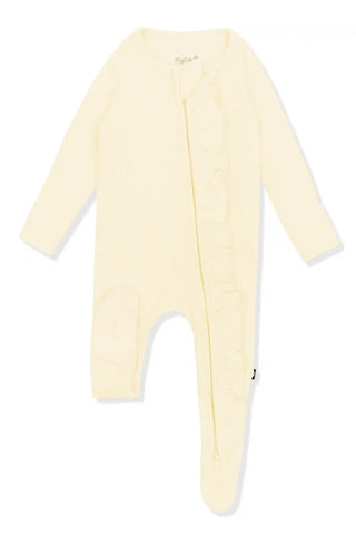 Ribbed Ruffle Zipper Footie in Chamomile