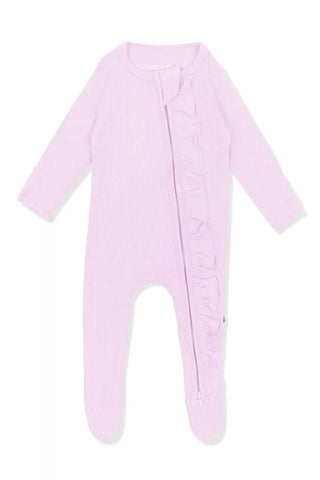 Ribbed Ruffle Zipper Footie in Thistle