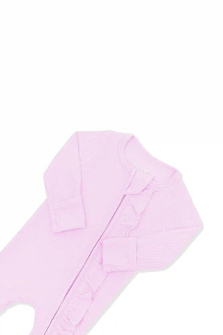 Ribbed Ruffle Zipper Footie in Thistle