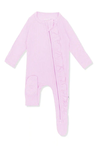 Ribbed Ruffle Zipper Footie in Thistle