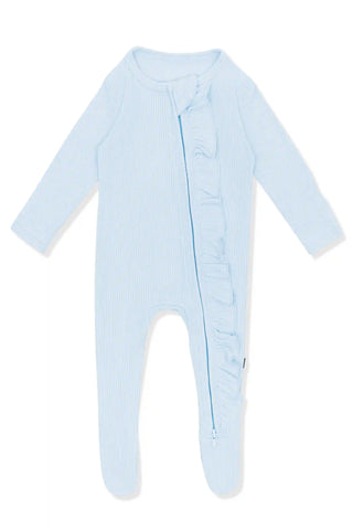 Ribbed Ruffle Zipper Footie in Breeze