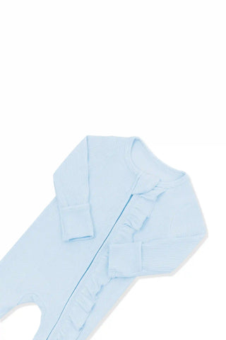 Ribbed Ruffle Zipper Footie in Breeze