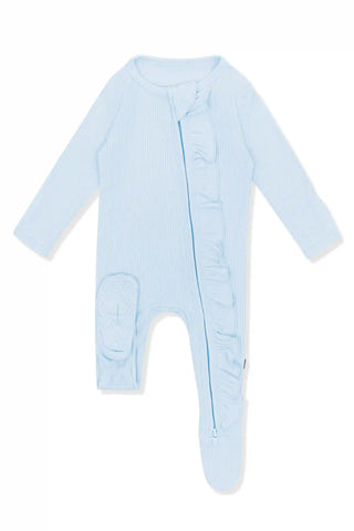 Ribbed Ruffle Zipper Footie in Breeze