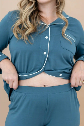 Long-Sleeved Women's Pajama Set in Atlantic with Cloud Trim