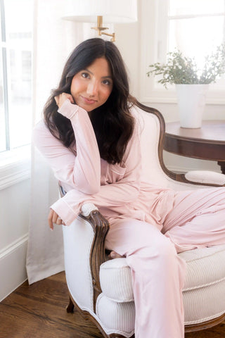 Long-Sleeved Women's Pajama Set in Blush with Cloud Trim