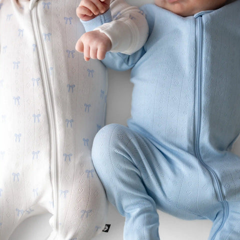 Pointelle Zippered Footie in Sweet Blue Bow