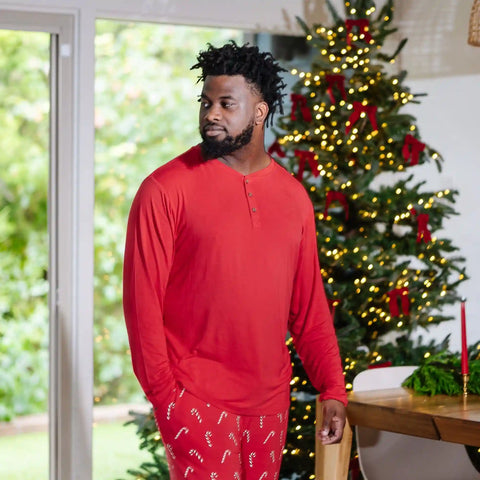 Men's Long Sleeve Henley Top in Cardinal