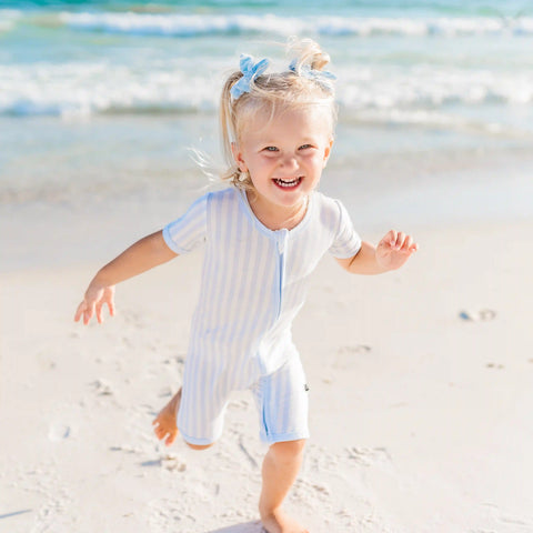 Zipper Shortall Romper in Small Mist Stripe