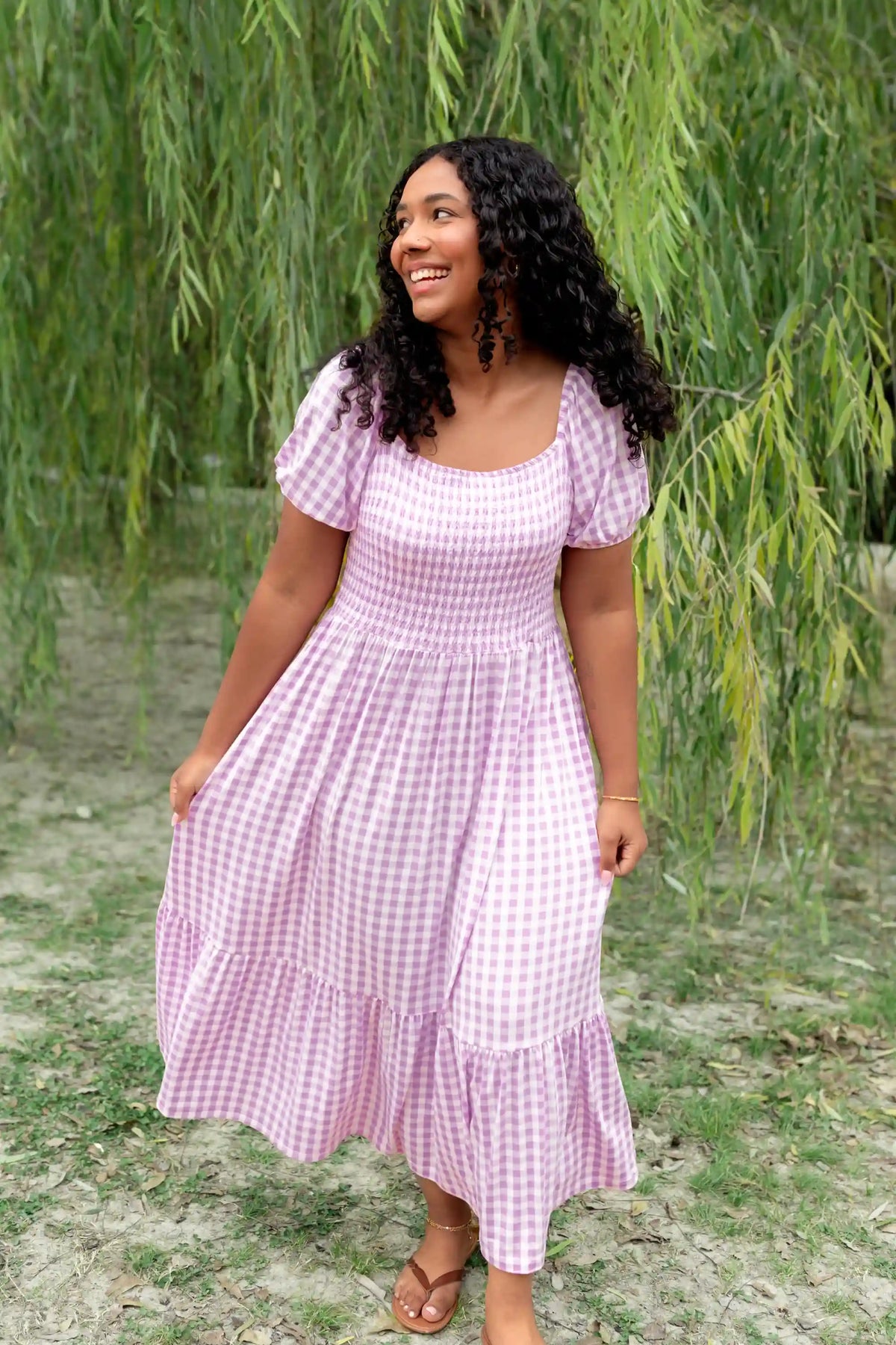 Women’s Smocked Dress in Gingham Thistle