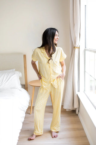 Women's Short Sleeve Cropped Pajama Set in Gingham Chamomile