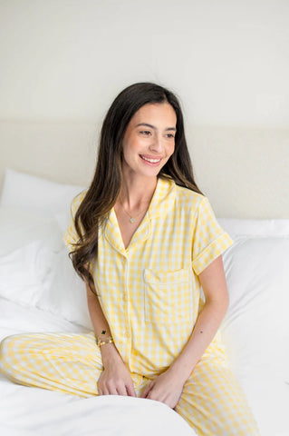 Women's Short Sleeve Cropped Pajama Set in Gingham Chamomile