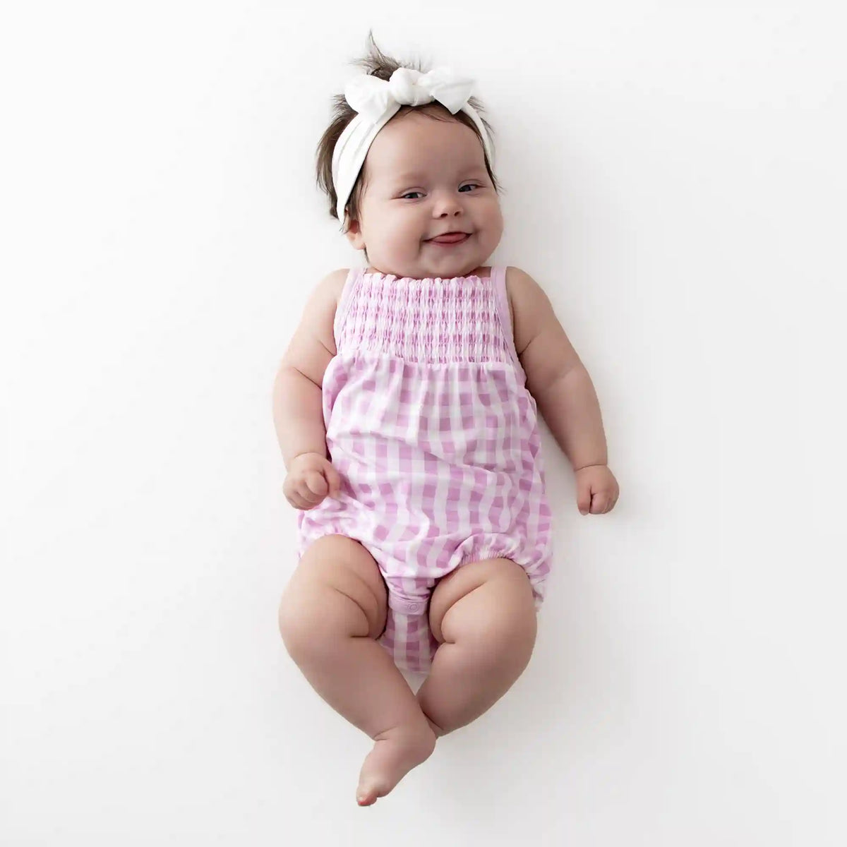 Smocked Bubble Romper in Gingham Thistle