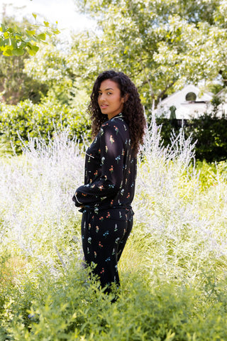 Long-Sleeved Women's Pajama Set in Midnight Wildflower