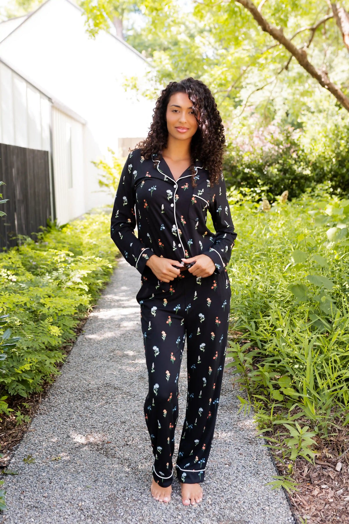 Long-Sleeved Women's Pajama Set in Midnight Wildflower