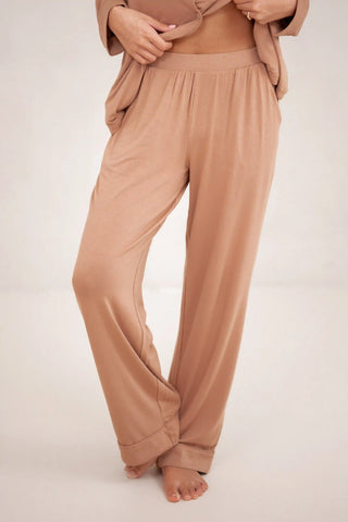 Long-Sleeved Women's Pajama Set in Latte with Latte Trim