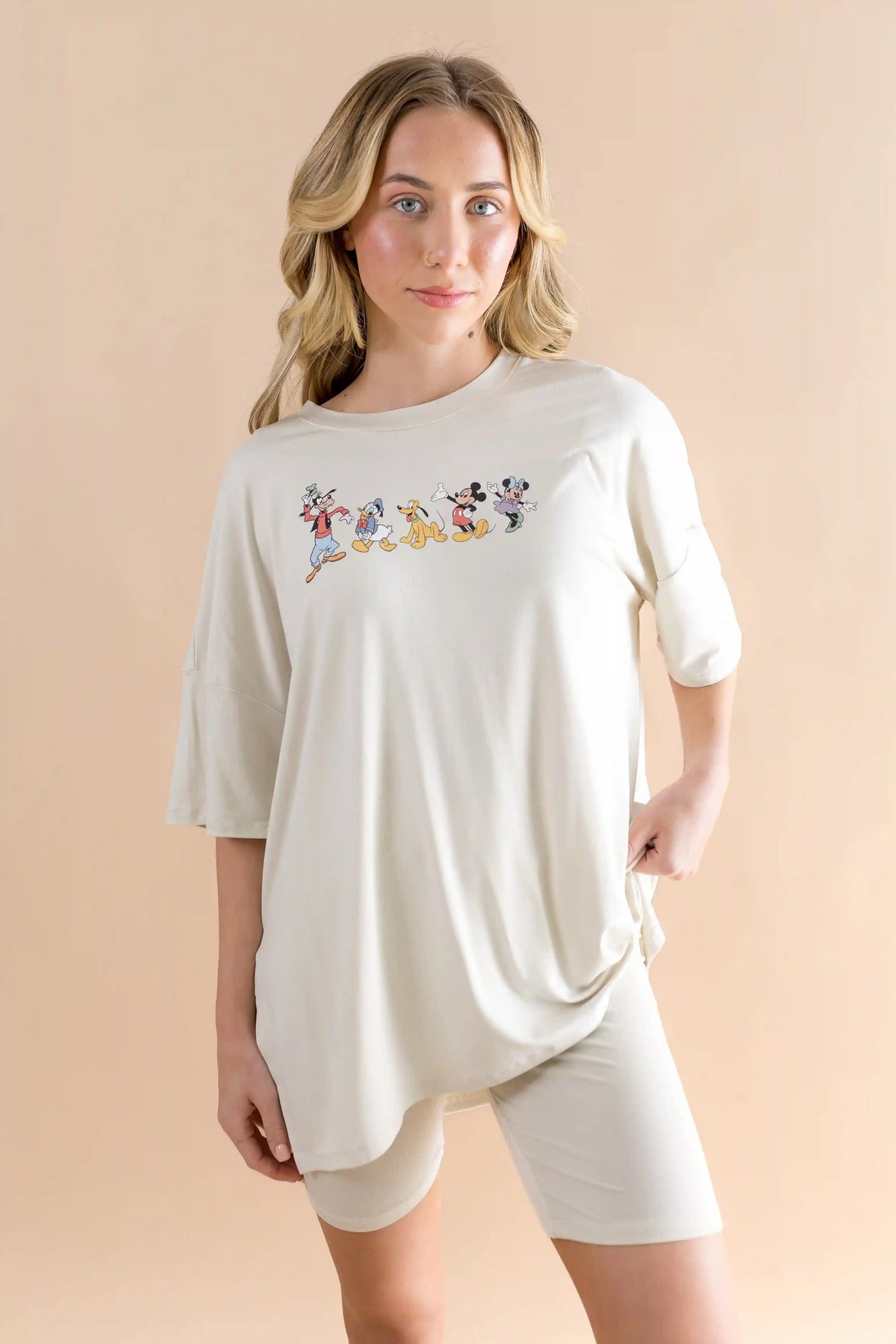 Women’s Biker Short Set in Mickey and Friends on Ecru