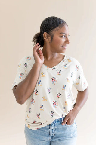 Women's Oversized V-Neck Tee in Mickey Mouse and Friends