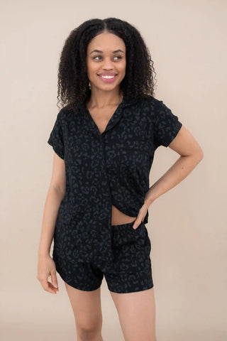 Women’s Short Sleeve Pajama Set in Midnight Leopard