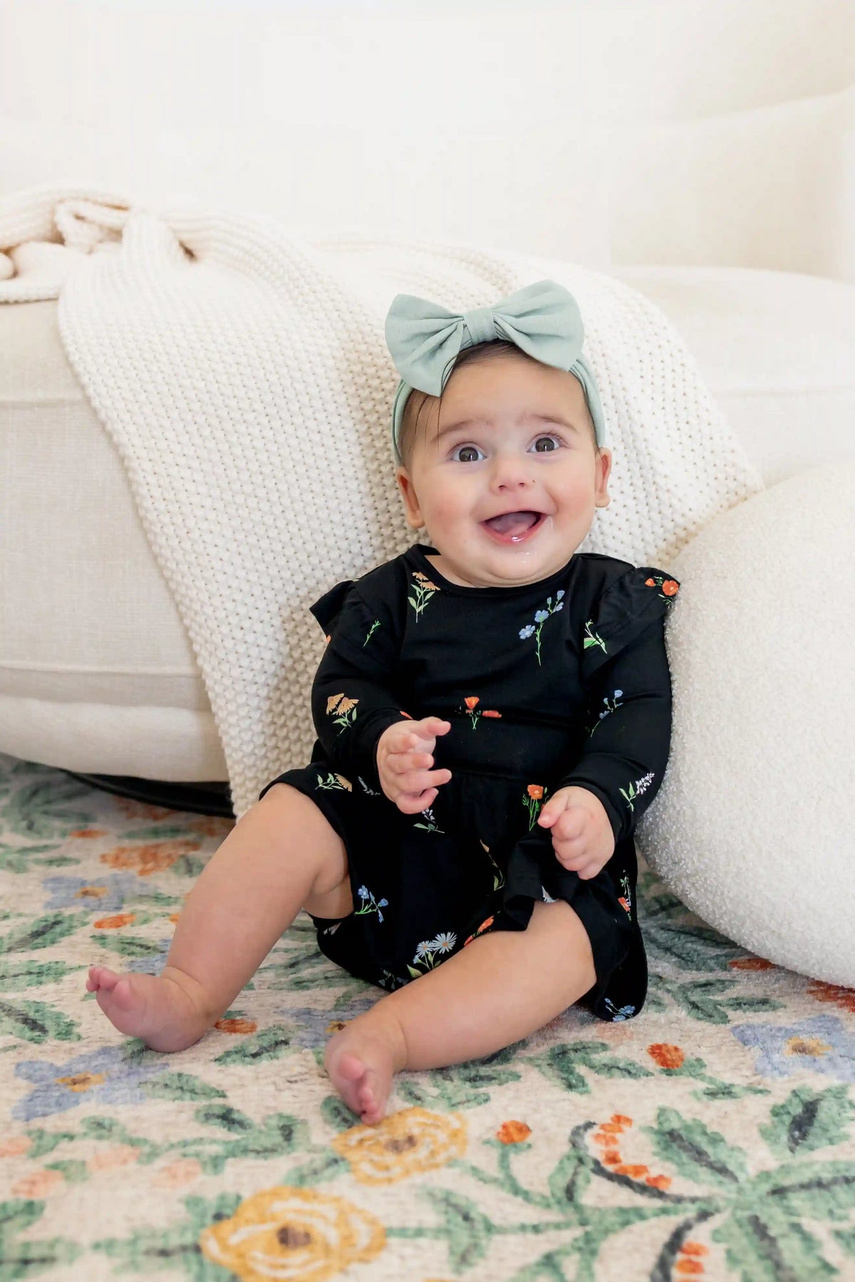 Long Sleeve Twirl Bodysuit Dress in Midnight Wildflower