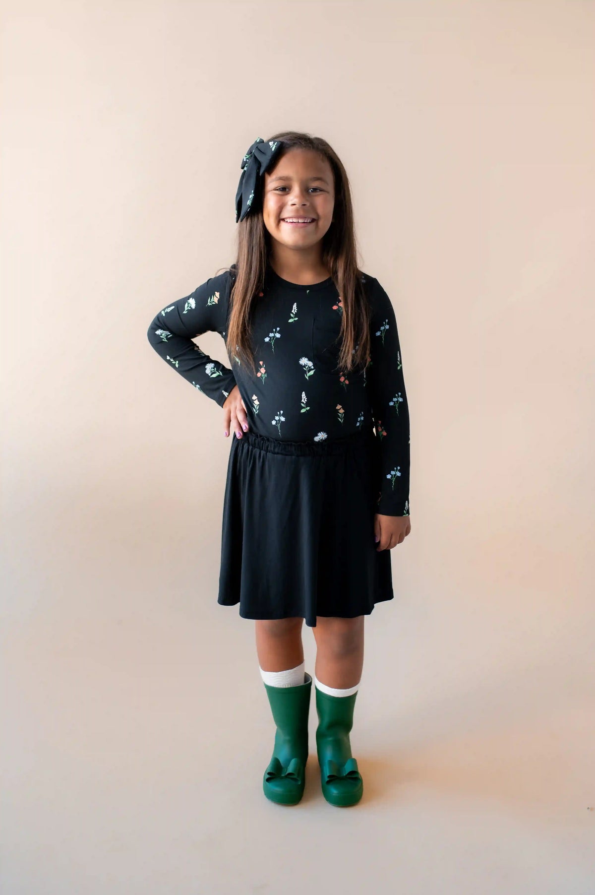 Long Sleeve Toddler Crew Neck Tee in Midnight Wildflower