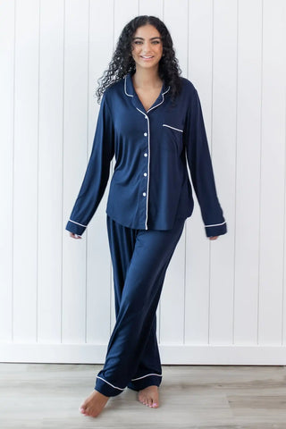 Long-Sleeved Women's Pajama Set in Navy with Cloud Trim