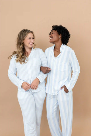 Long-Sleeved Women's Pajama Set in Small Mist Stripe with Cloud Trim