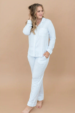 Long-Sleeved Women's Pajama Set in Small Mist Stripe with Cloud Trim
