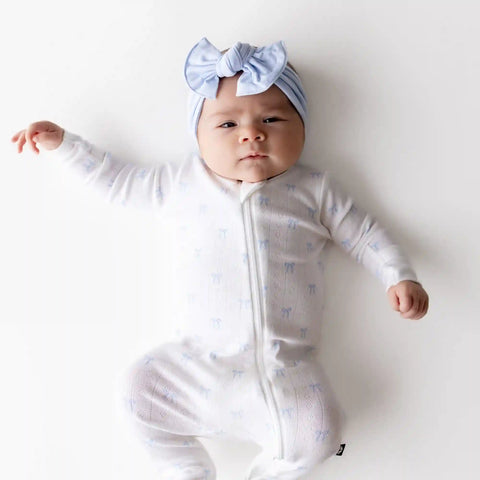 Pointelle Zippered Footie in Sweet Blue Bow