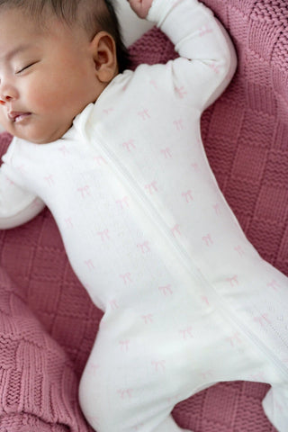 Pointelle Zippered Footie in Sweet Pink Bow
