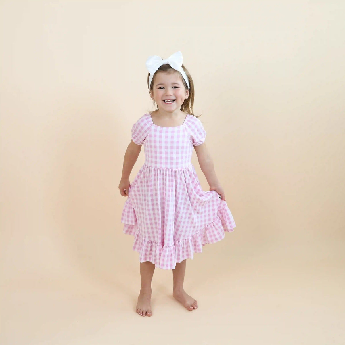 Puff Sleeve Twirl Dress in Gingham Thistle