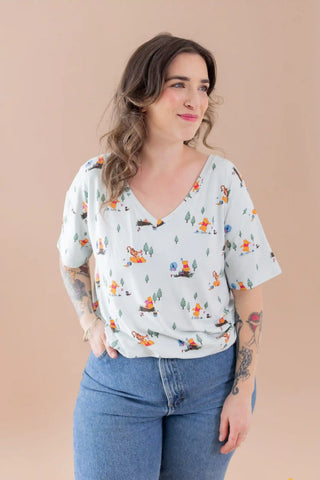 Women's Oversized V-Neck Tee in Winnie the Pooh Hundred Acre Wood