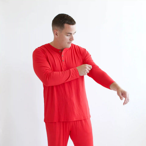 Men's Long Sleeve Henley Top in Cardinal