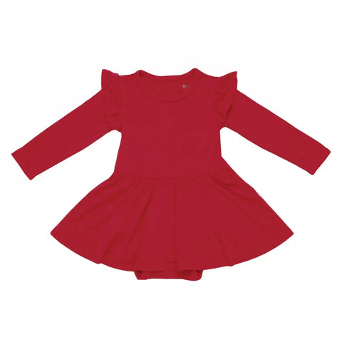 Long Sleeve Twirl Bodysuit Dress in Cardinal