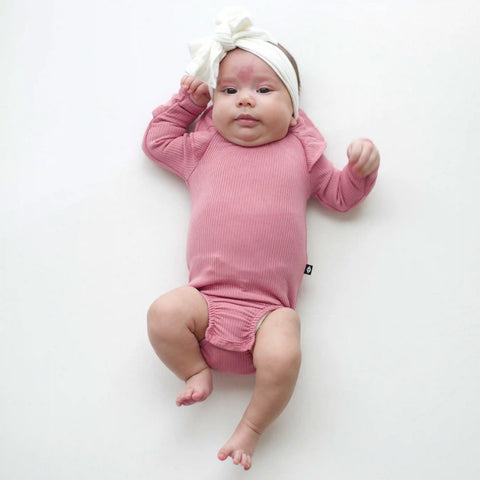 Ribbed Long Sleeve Ruffle Leotard in Apple Blossom