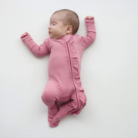 Ribbed Ruffle Zipper Footie in Apple Blossom