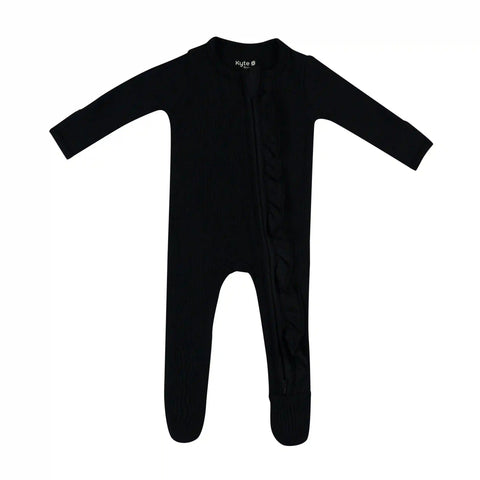 Ribbed Ruffle Zipper Footie in Midnight