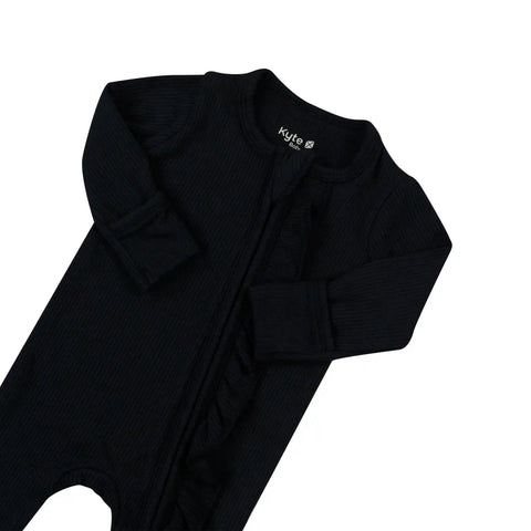 Ribbed Ruffle Zipper Footie in Midnight