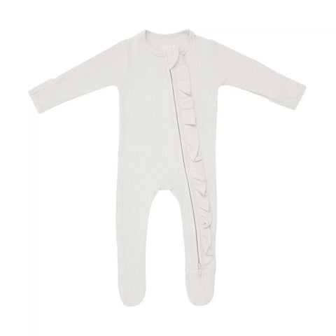 Ribbed Ruffle Zipper Footie in Oat